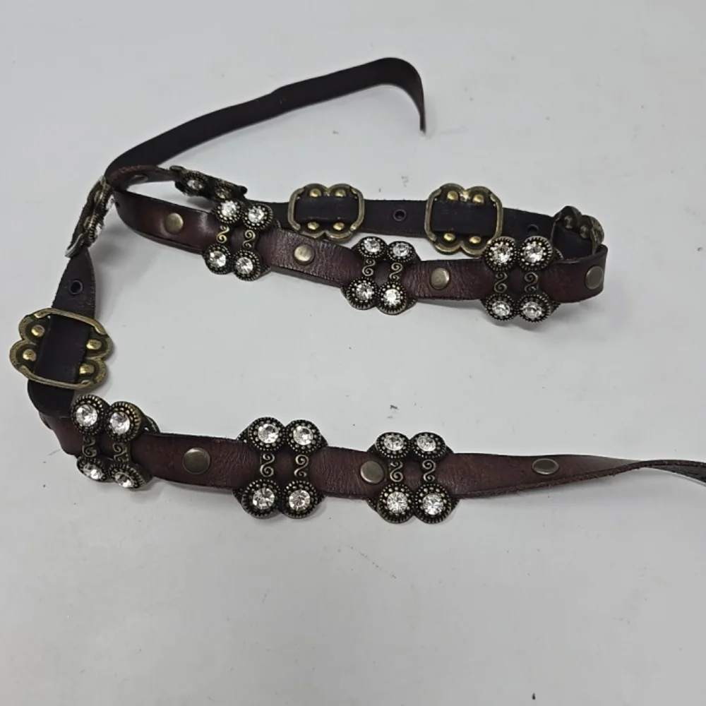 Vtg women brown leather belt brass studs rhinestone accent punk goth whimsygoth.